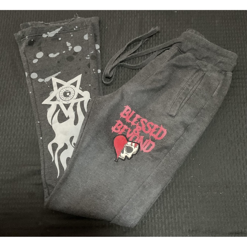 Rebel Minds Sweatpants Mens Small Gray Blessed & Beyond Skull Gothic Flare